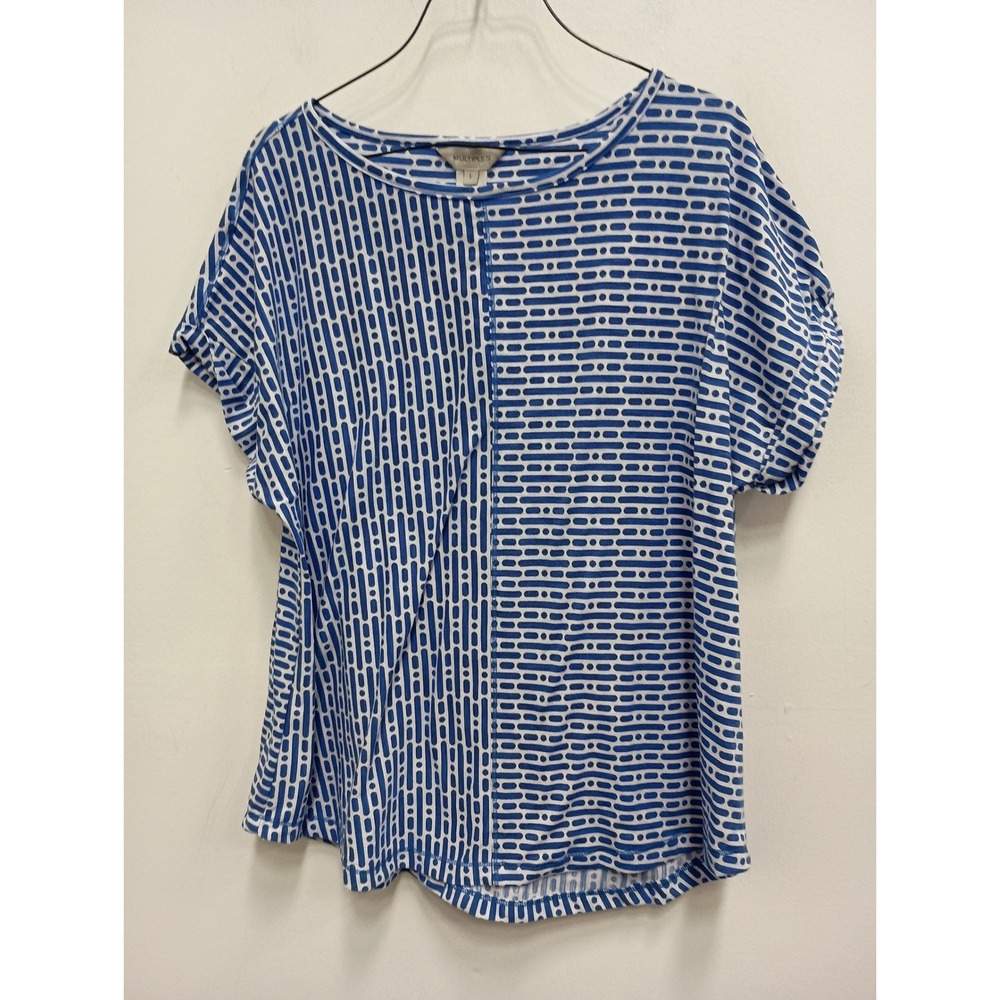 Multiples Short Sleeve Top Womens Large Blue Geometric Print Stretch Casual Tee